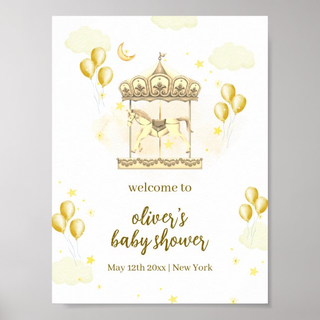 Affiche Baby shower de carrousel magique Gold Elegant (Devant)