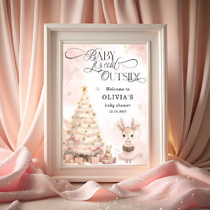 Affiche Baby shower de cerfs d'hiver rose Bienvenue