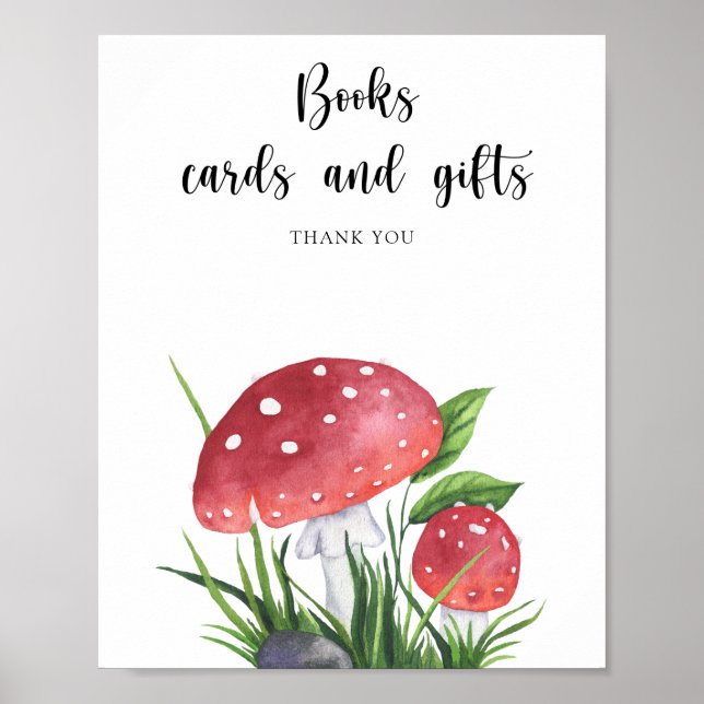 Affiche Baby shower de champignons - livres cartes et cade (Devant)