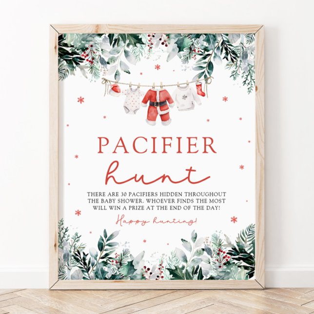 Affiche Baby shower de chasse Red Christmas Père Noël Baby (Watercolor Red Christmas Santa Baby Pacifier Hunt Baby Shower Sign)