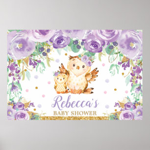 Affiche Baby shower de Chouette Florale Violet fond