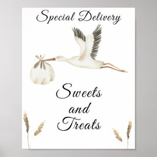 Affiche baby shower de cigogne - bonbons et friandises