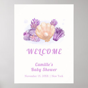 Affiche Baby shower de coquillage de perles violet rustiqu