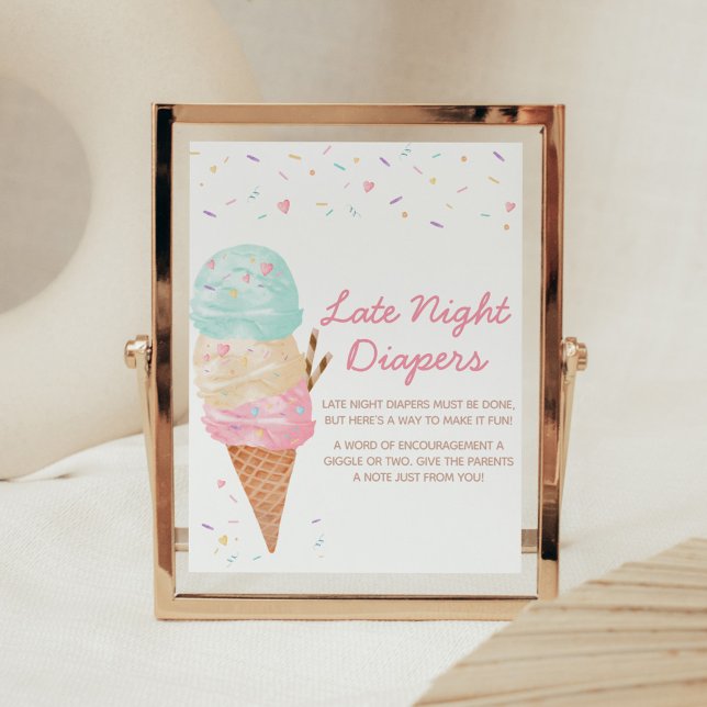 Affiche Baby shower de crème glacée Late Night Diapés (Ice Cream Sprinkled with Love Baby Shower Late Night Diapers Sign)