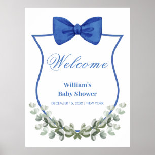 Affiche Baby shower de crête bleu Bow Eucalyptus Bienvenue