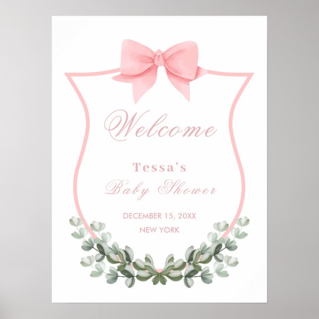 Affiche Baby shower de crête Eucalyptus Bow rose Bienvenue (Devant)