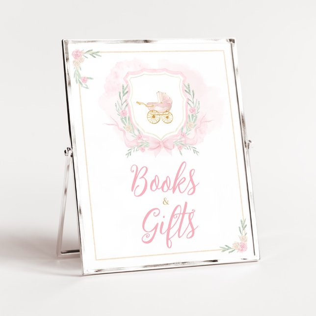 Affiche Baby shower de crête rose Aquarelle Livres et cade (Blue Floral Pampas Grass Elephant Baby Shower Books and Gifts Sign)