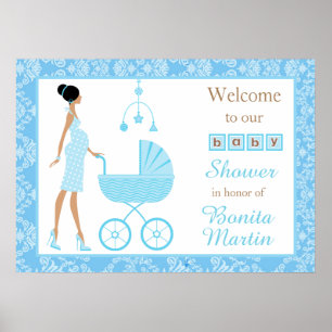 Affiche Baby shower de femme afro-américaine Blue Damask