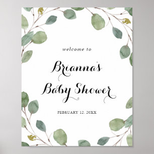 Affiche Baby shower de feuillage Eucalyptus vert Bienvenue