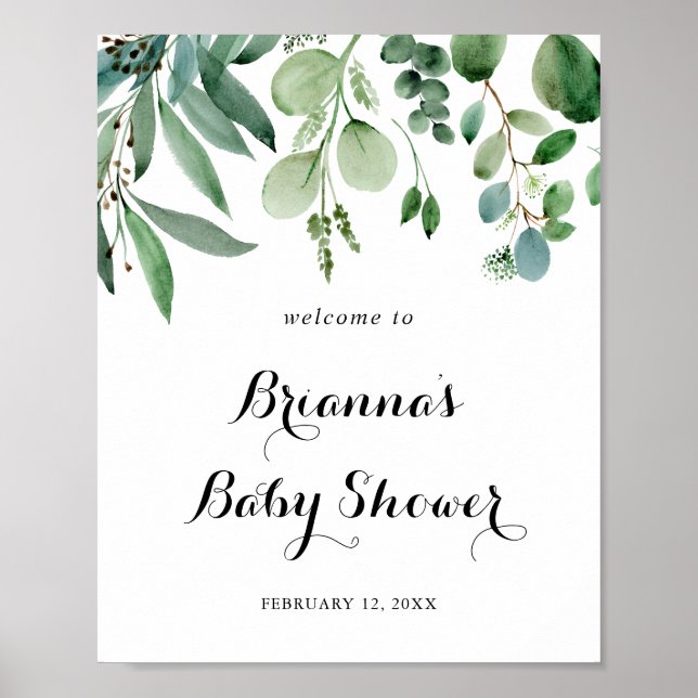 Affiche Baby shower de feuillage vert Eucalyptus Bienvenue (Devant)