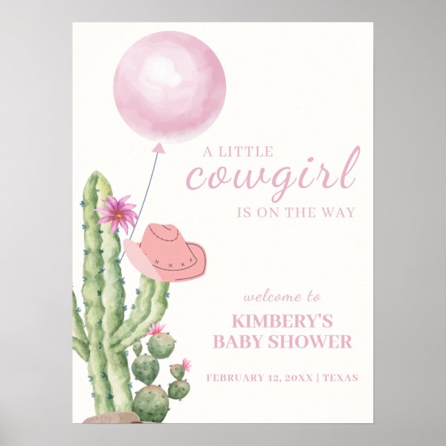 Affiche Baby shower de fille à ballons de cactus rose Bien (Devant)