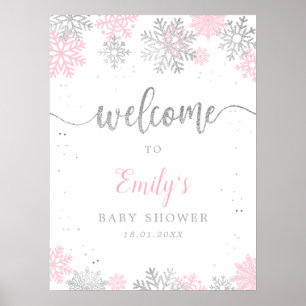 Affiche Baby shower de fille Pink Silver Flakes Bienvenue