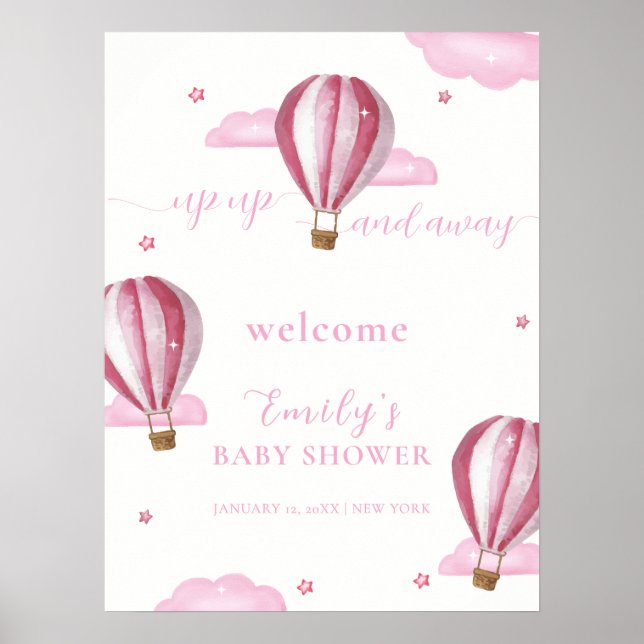 Affiche Baby shower de filles rose Hot Air Balloon Accueil (Devant)