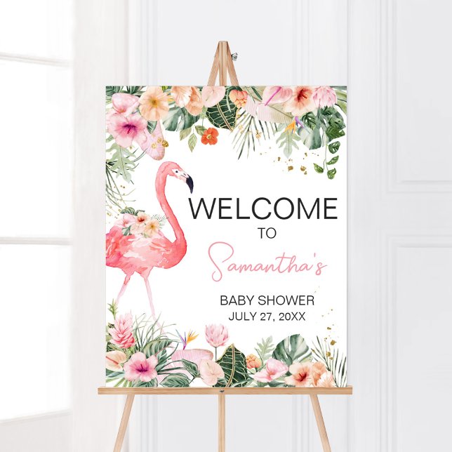Affiche Baby shower de Flamant rose tropical Bienvenue (Floral Flamingle Baby Shower Welcome Sign)