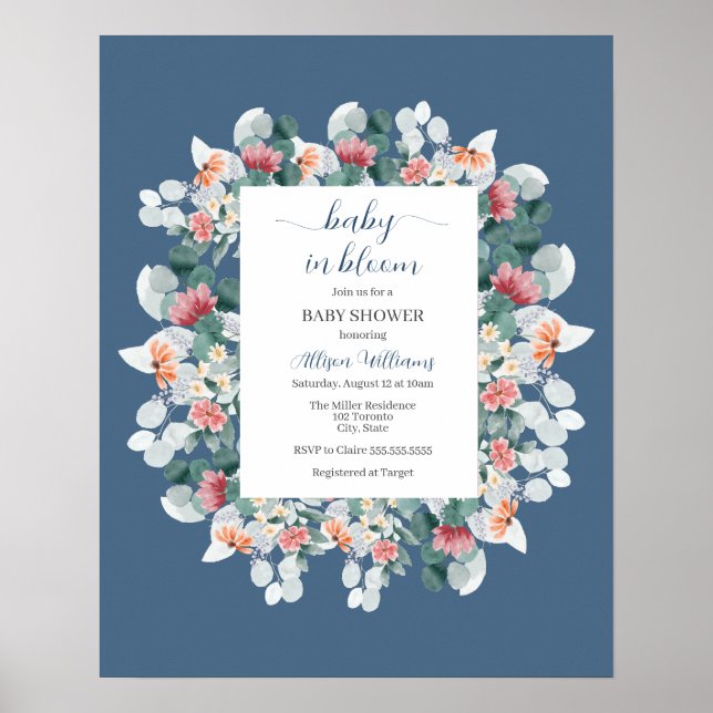Affiche Baby shower de fleur sauvage couleur bleu foncé (Devant)