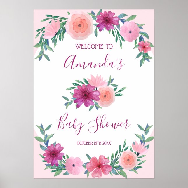 Affiche Baby shower de fleurs d'aquarelle rose Personnalis (Devant)