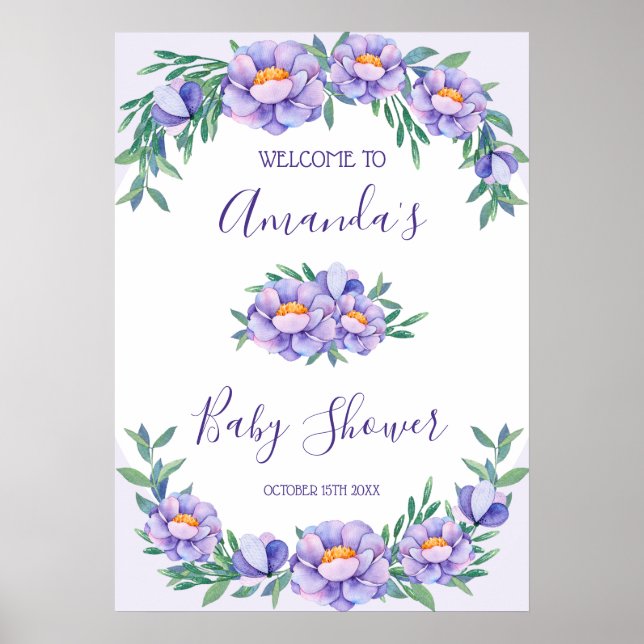 Affiche Baby shower de fleurs d'aquarelle violet personnal (Devant)