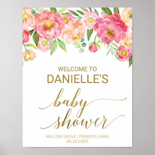 Affiche Baby shower de fleurs de tourbe rose et de poitrin