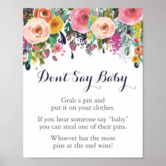 Affiche Baby shower de fleurs ne pas dire jeu bébé signe (Devant)