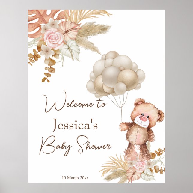 Affiche Baby shower de fleurs séchées de marron pastel crè (Devant)