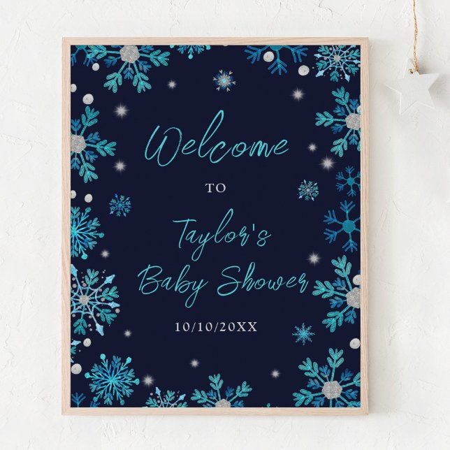 Affiche Baby shower de flocons de neige bleu et argent Bie (Créateur téléchargé)