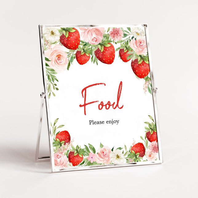 Affiche Baby shower de fraises (Pink Floral Strawberry Baby Shower Food Sign)