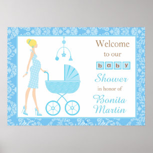 Affiche Baby shower de garçon Blonde Damask bleu
