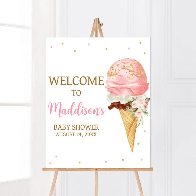 Affiche Baby shower de glace rose Bienvenue (Here is the Scoop Baby Shower Welcome Sign)