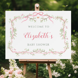Affiche Baby shower de jardin rose et vert de printemps Bi