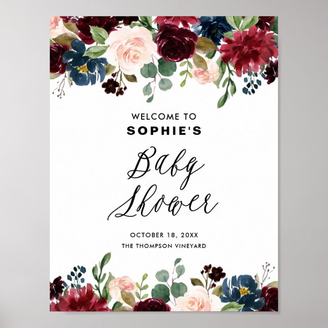 Affiche Baby shower de la Bourgogne et du bleu Floral Garl (Devant)