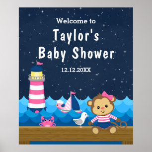 Affiche Baby shower de la marine rose singe Nautique