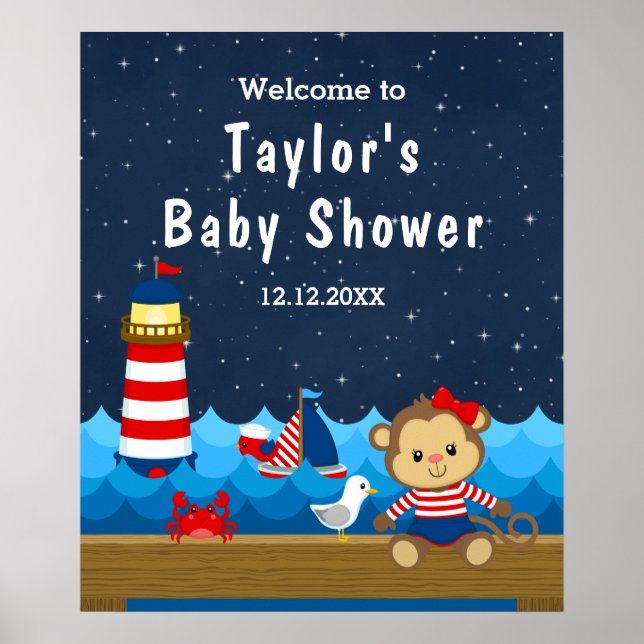 Affiche Baby shower de la Marine Rouge Monkey Nautique (Devant)