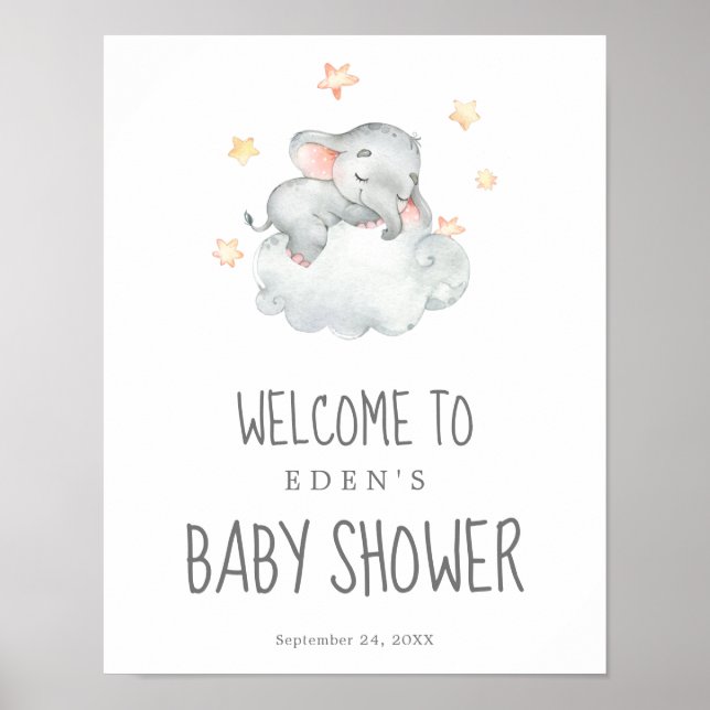 Affiche Baby shower de la petite fille éléphante couché Bi (Devant)