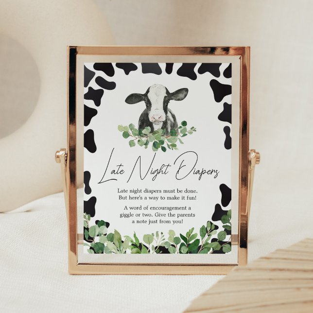 Affiche Baby shower de la Vache Sainte verdure Diapeurs no (Gender Neutral Highland Cow Baby Shower Late Night Diapers Sign)