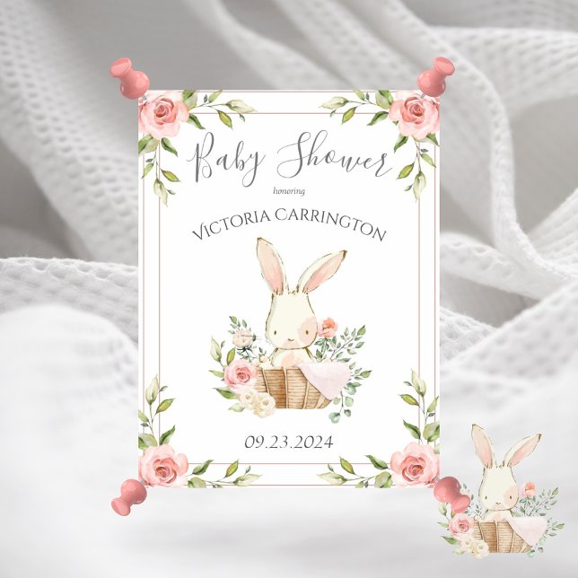 Affiche Baby shower de lapin floral rose (Créateur téléchargé)