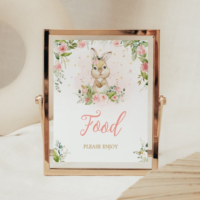 Affiche Baby shower de lapin rose Floral (Girl Peter Rabbit Baby Shower Food Sign)