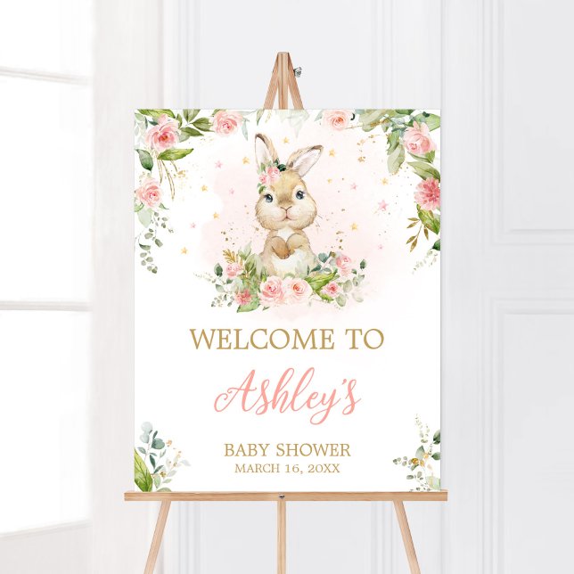 Affiche Baby shower de lapin rose Floral (Girl Peter Rabbit Baby Shower Welcome Sign)