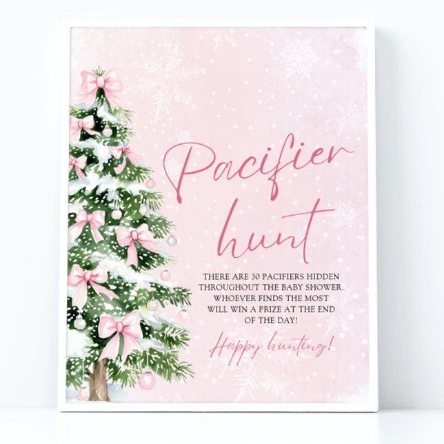 Affiche Baby shower de l'arbre de Noël Pink Bow (Pink Bow Christmas Tree Baby Shower Pacifier Hunt Game Sign)