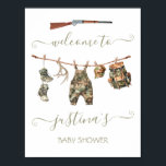 Affiche Baby shower de ligne de vêtements de chasse<br><div class="desc">Aquarelle "Un petit chasseur est sur le chemin" Baby shower de chasse avec des icônes de chasse comme fusil, chaussures de camouflage, tenue de peluche, casquette, sac à dos et bois, Celui-ci est pour un Baby shower, mais vous pouvez changer le libellé pour répondre à vos besoins. Merveilleux pour un...</div>