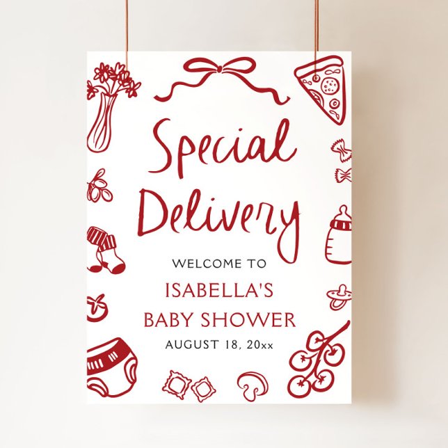 Affiche Baby shower de livraison spéciale Pizza Italienne  (Hand drawn Italian Pizza Special Delivery Baby Shower Welcome)