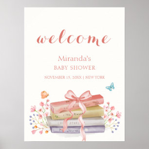 Affiche Baby shower de livre rose Elegant Floral Bow Accue