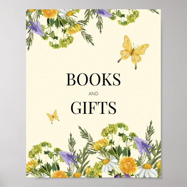 Affiche Baby shower de livres et cadeaux fleurs sauvages (Devant)