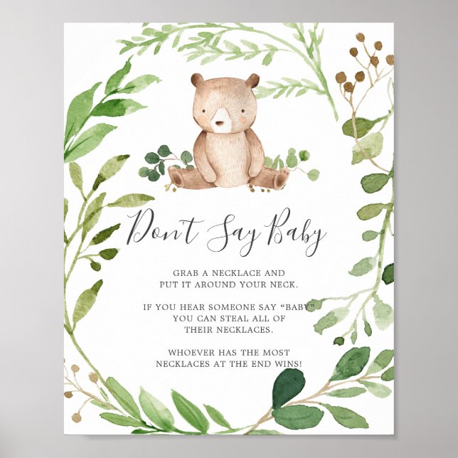 Affiche Baby shower de l'ours ne pas dire signe bébé (Devant)