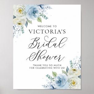 Affiche Baby Shower de mariage aux roses bleu aquarelle et