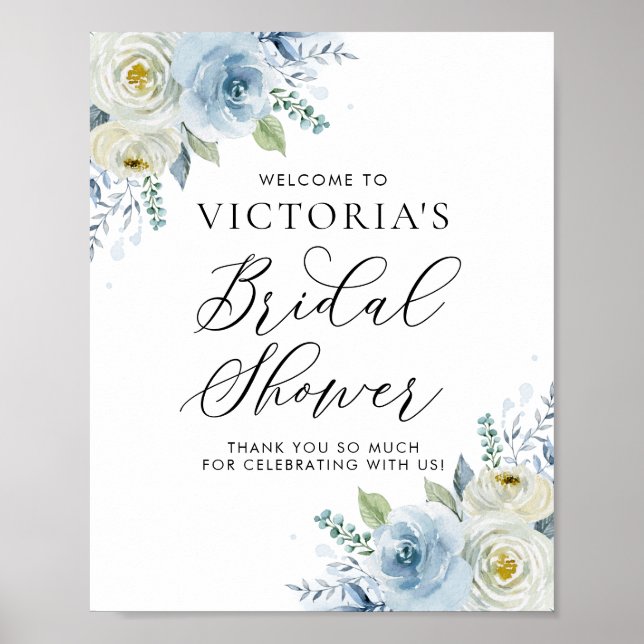 Affiche Baby Shower de mariage aux roses bleu aquarelle et (Devant)