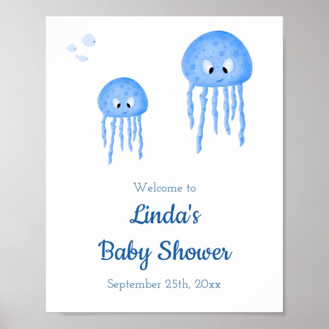 Affiche Baby shower de méduse bleu mignonne Bienvenue (Devant)