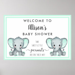 Affiche Baby shower de menthe Eléphants jumeaux Bienvenue