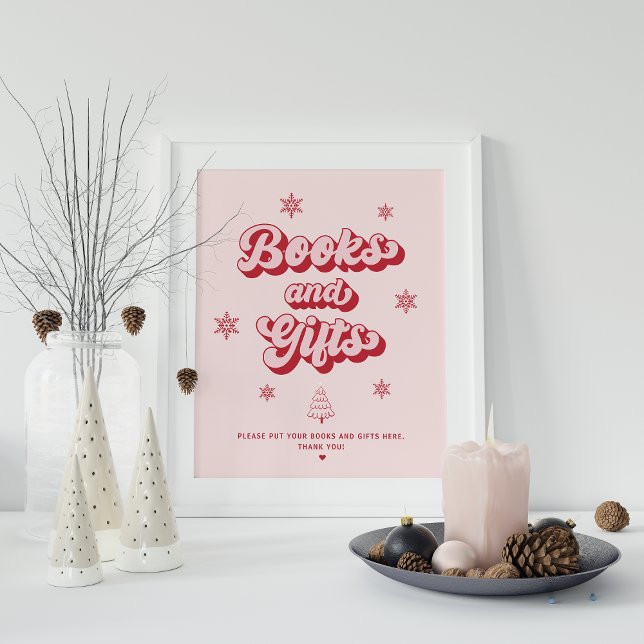Affiche Baby shower de Noël rose Livres et Cadeaux (Créateur téléchargé)
