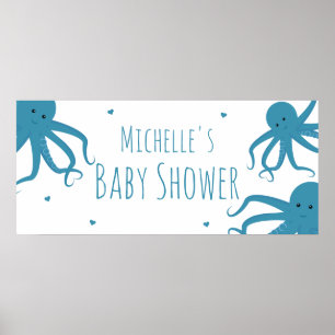 Affiche Baby shower de nom bleu large octopus