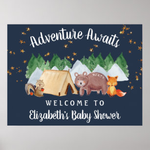 Affiche Baby shower de nuit Rustique Woodland Animaux
